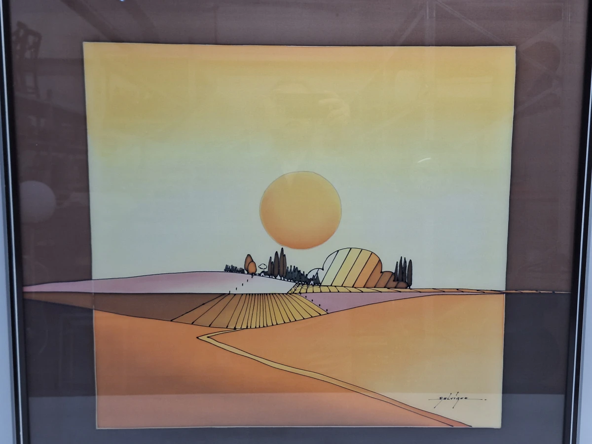 Vintage stilistisch landschap "Ondergaande zon over velden" - gesigneerd Galvique - foto 3