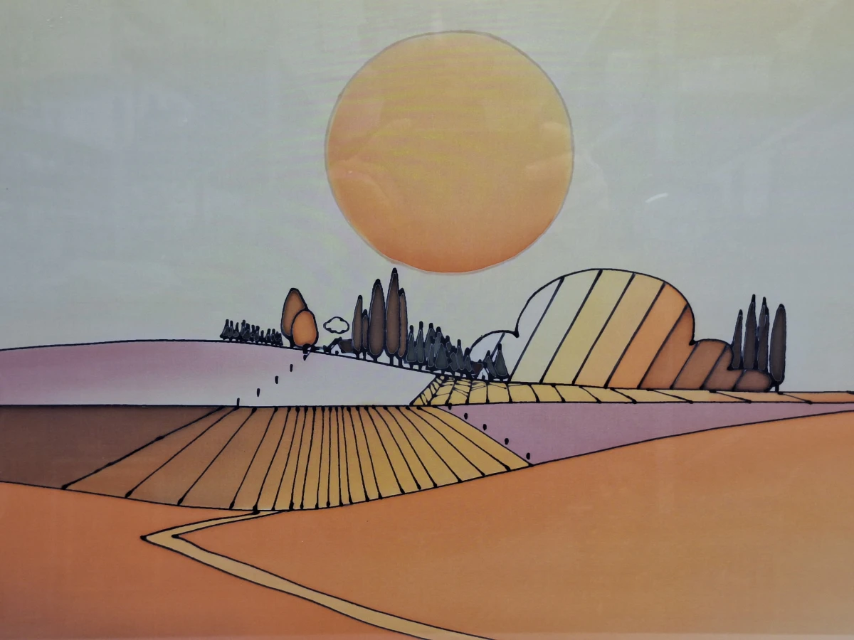 Vintage stilistisch landschap "Ondergaande zon over velden" - gesigneerd Galvique - foto 4