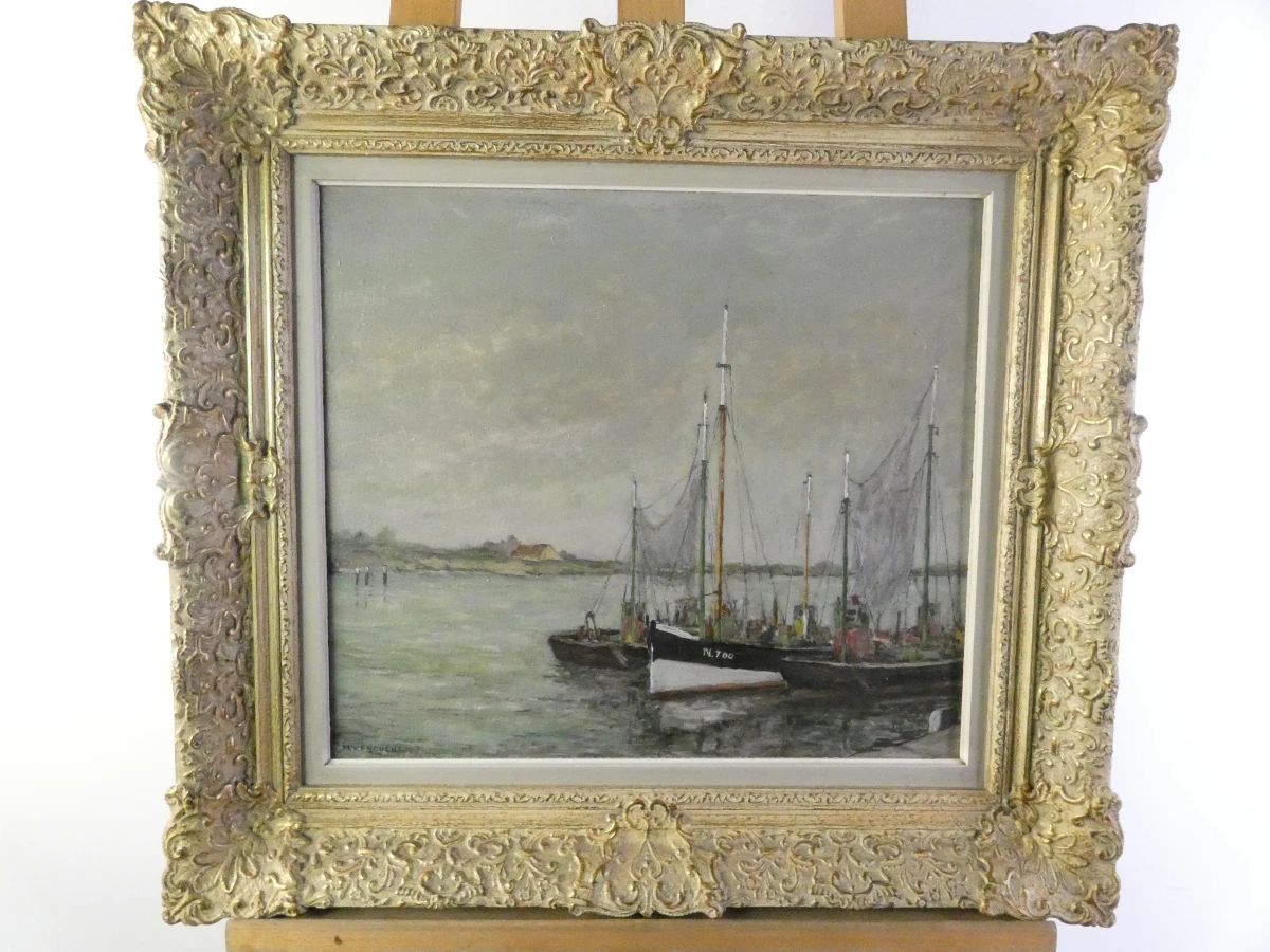 Sfeervol Maritiem Havengezicht – M. Vergucht (Olieverf op Doek) - foto 2