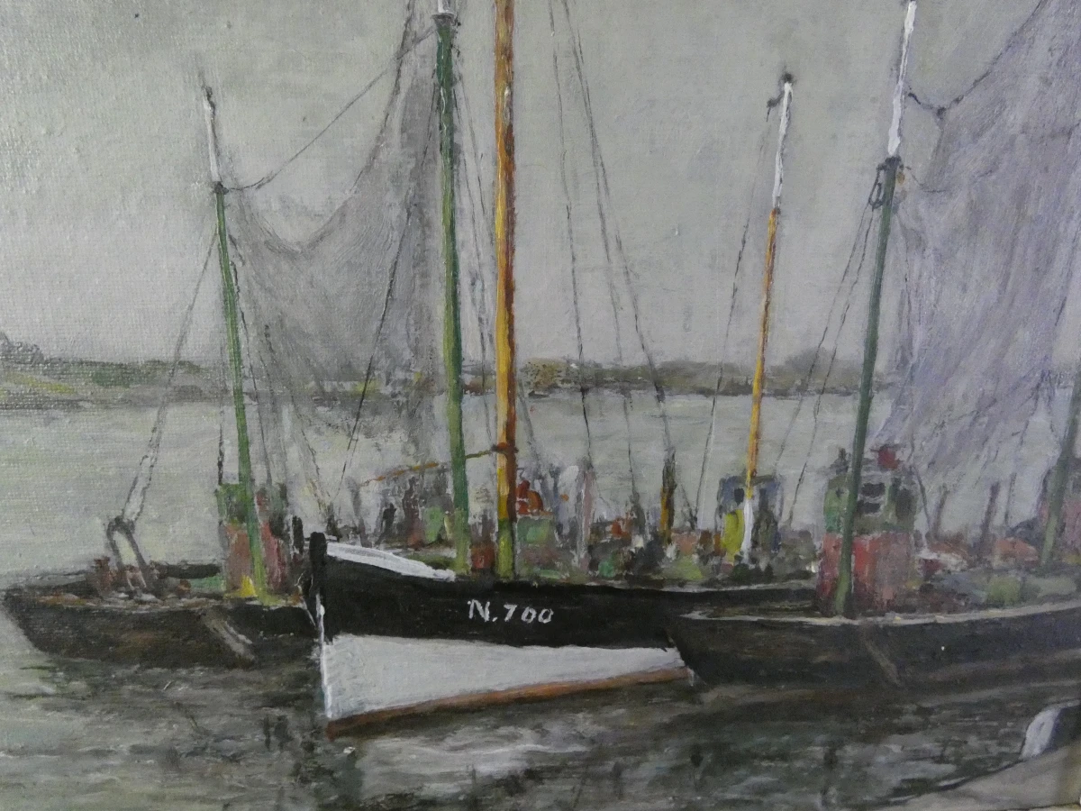 Sfeervol Maritiem Havengezicht – M. Vergucht (Olieverf op Doek) - foto 3