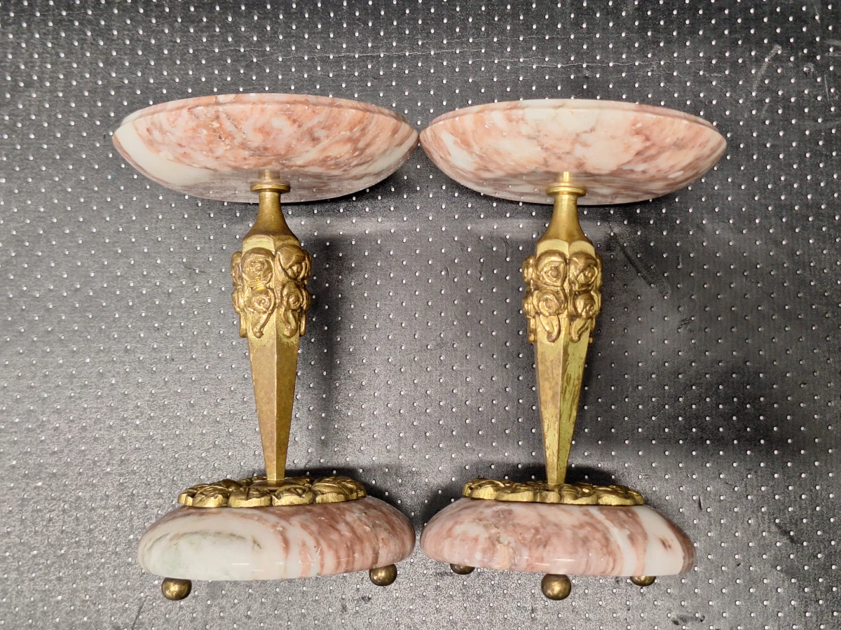 Paar Franse Art-Deco cassolettes in marbre griotte en messing - foto 3