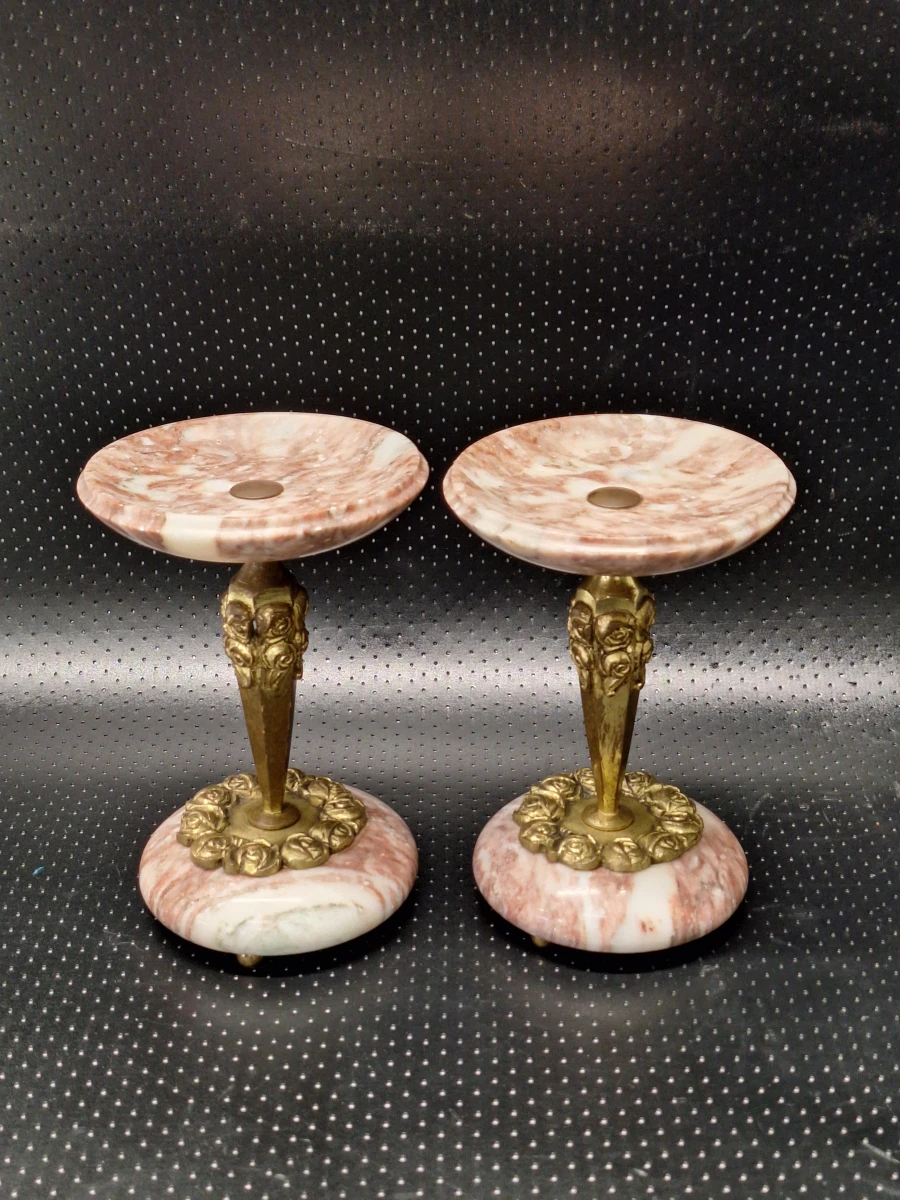 Paar Franse Art-Deco cassolettes in marbre griotte en messing - foto 2