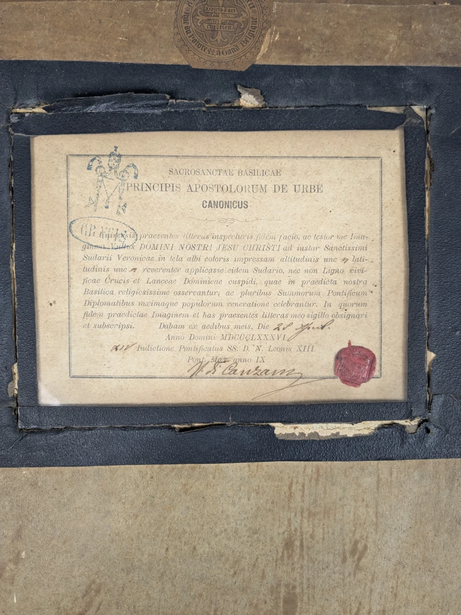 Antiek religieus devotieprentje – Heilig Aangezicht van Christus – met pauselijk/canoniek certificaat, 1886 - foto 3