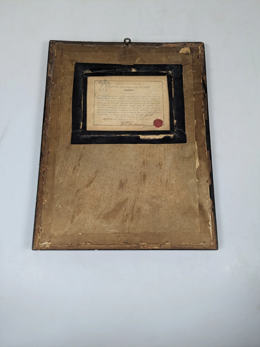 Antiek religieus devotieprentje – Heilig Aangezicht van Christus – met pauselijk/canoniek certificaat, 1886 - foto 2