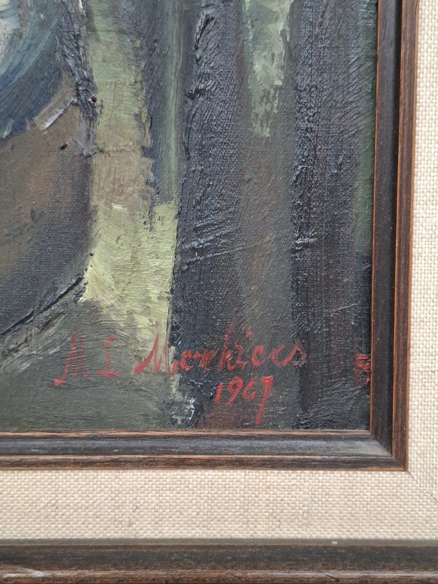 Expressionistisch Havengezicht met Vissersboten – Olieverf op Doek (H.J. Merckx, 1967) - foto 2