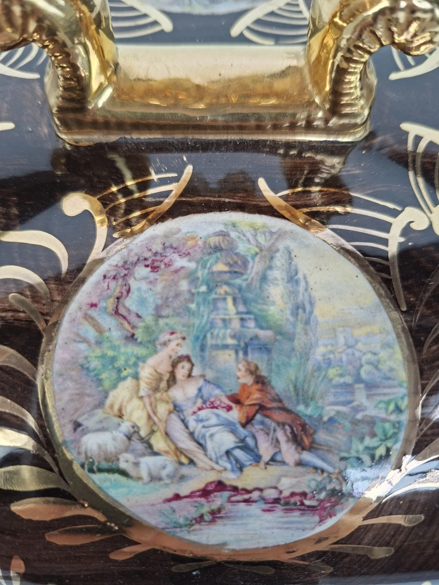 Antieke Belgische Majolica Bonbonnière / Terrine met Goudvergulde Fragonard-scènes - foto 5