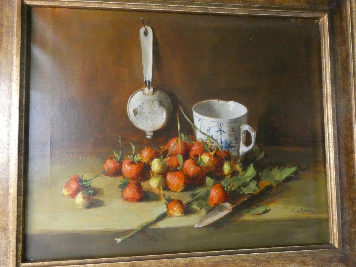 Olieverfschilderij "Stilleven met aardbeien" – gesigneerd Raymond van Hoeck - foto 2