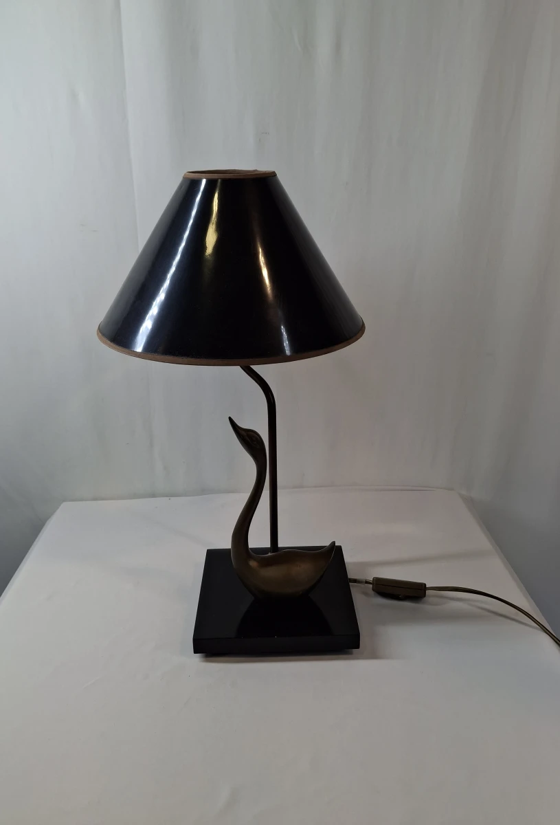 Vintage tafellamp met zwaanvormige voet en zwarte lampenkap - foto 1