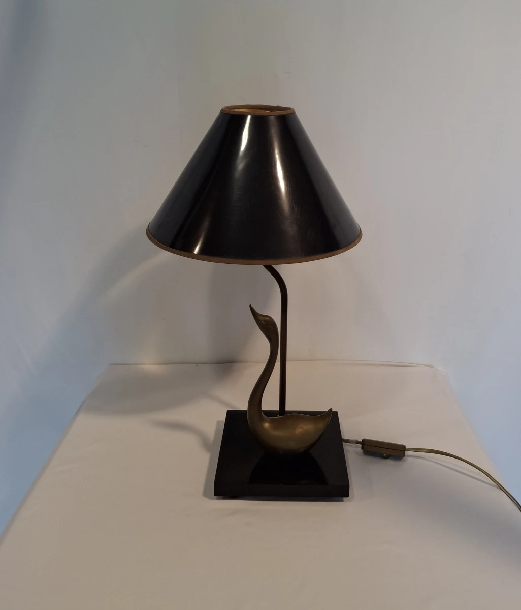 Vintage tafellamp met zwaanvormige voet en zwarte lampenkap - foto 2