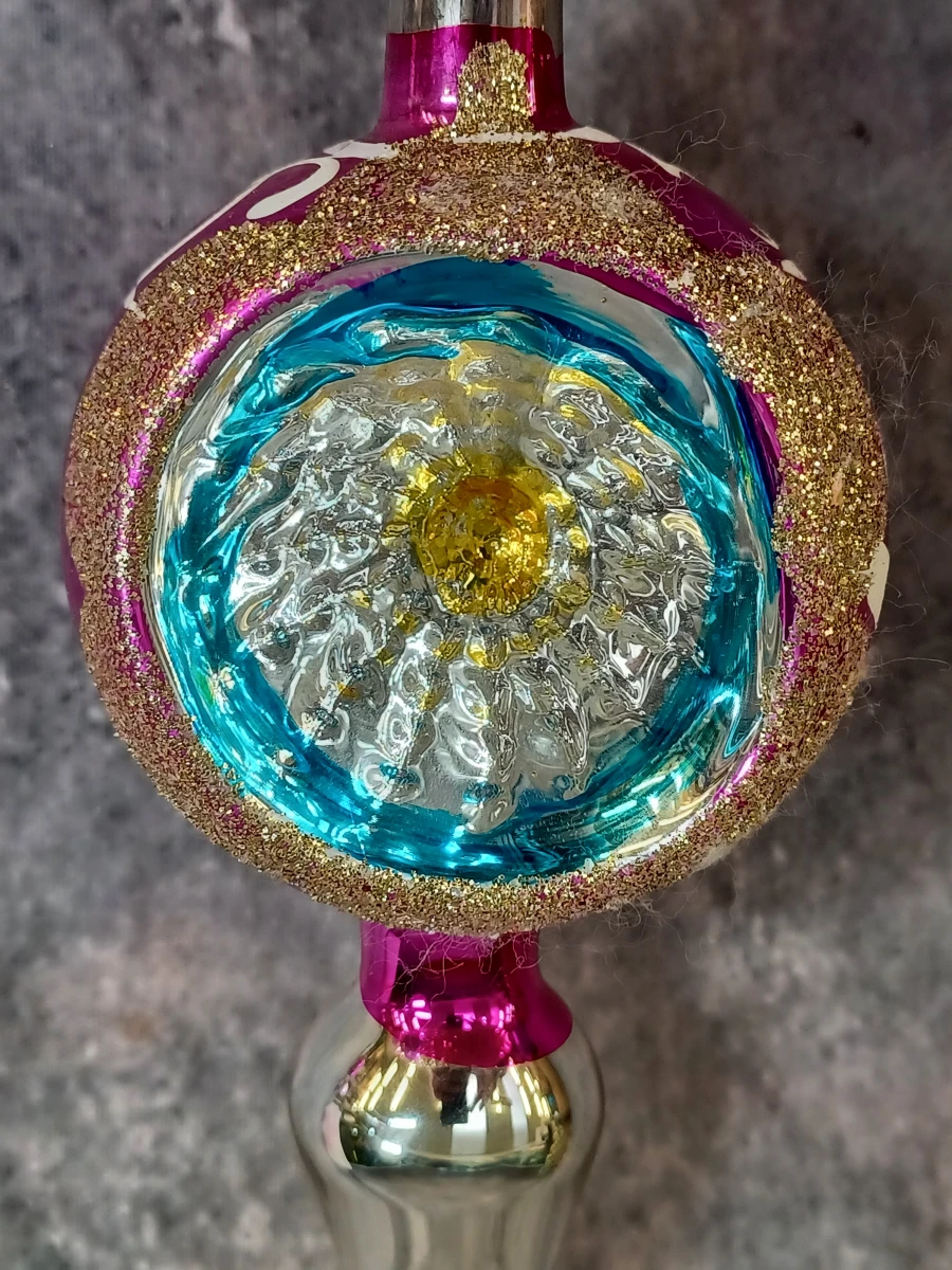 Vintage glazen kerstversiering met reflector -  Set met Piekenier en 4 ballen - foto 13