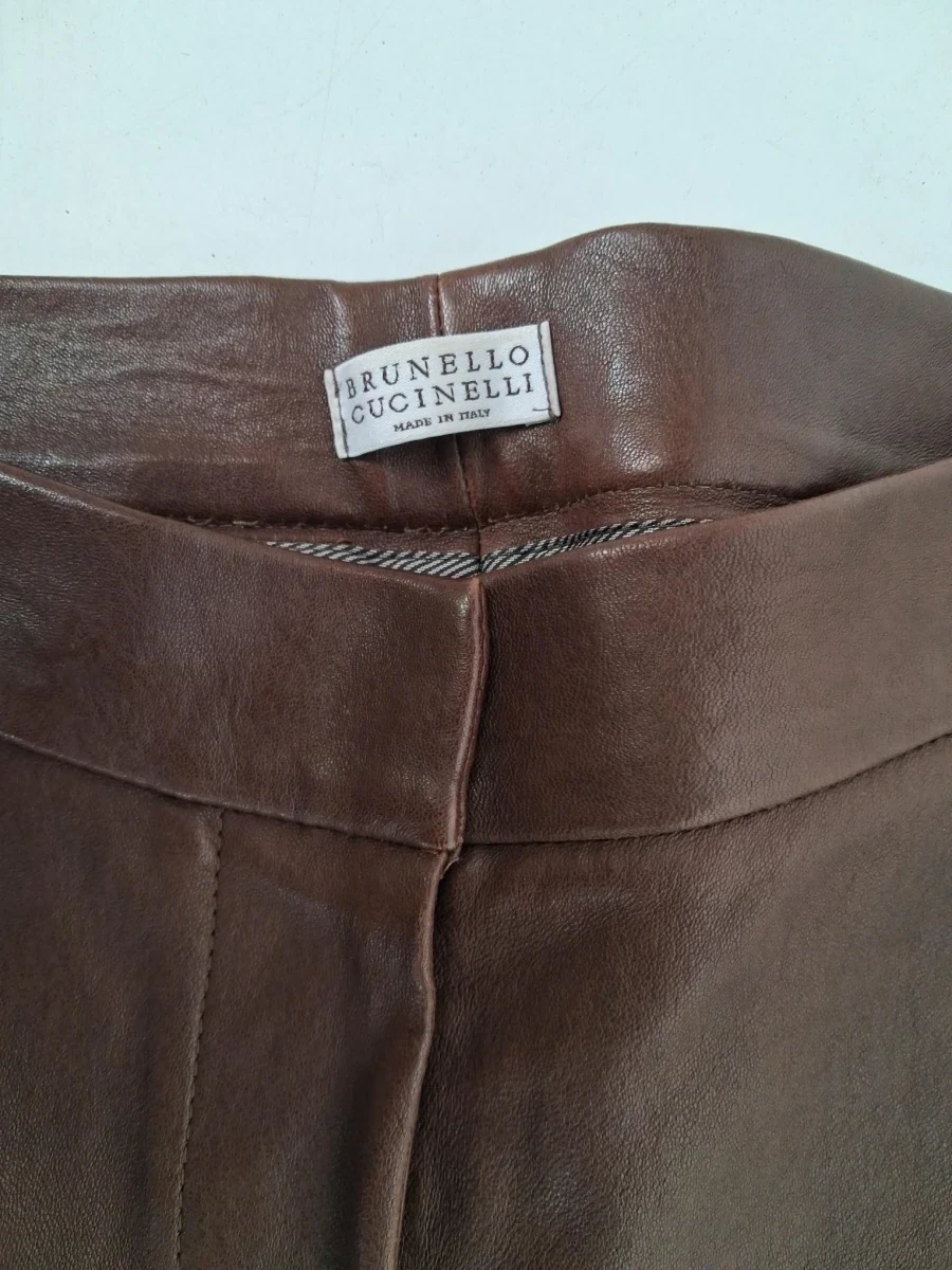 Bruine, slim-fit leren broek van Brunello Cucinelli - foto 5
