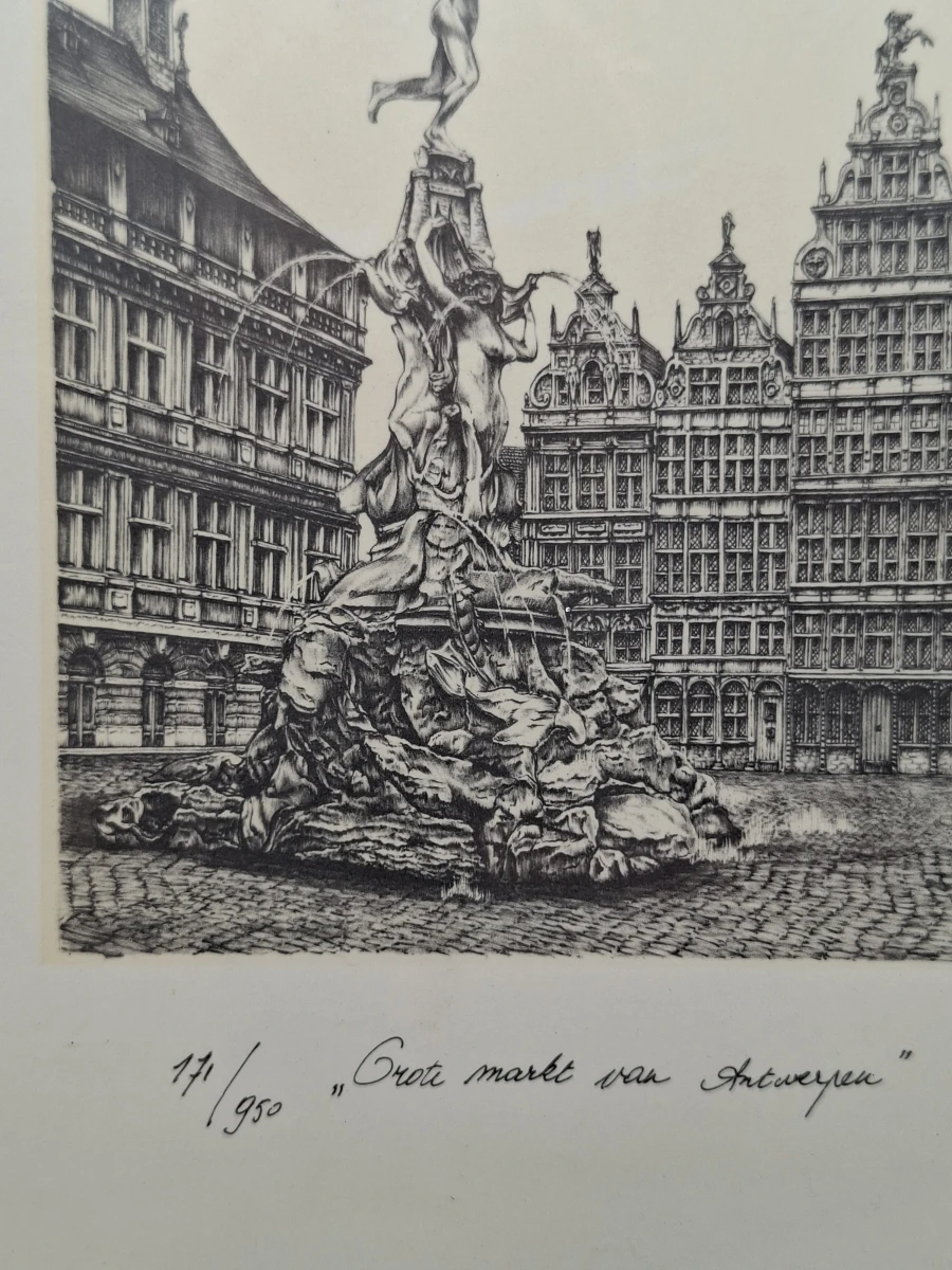 Gelimiteerde & Gesigneerde Prent "Grote markt van Antwerpen" – Daniel Winkelmans (Nr. 171/950) - foto 2