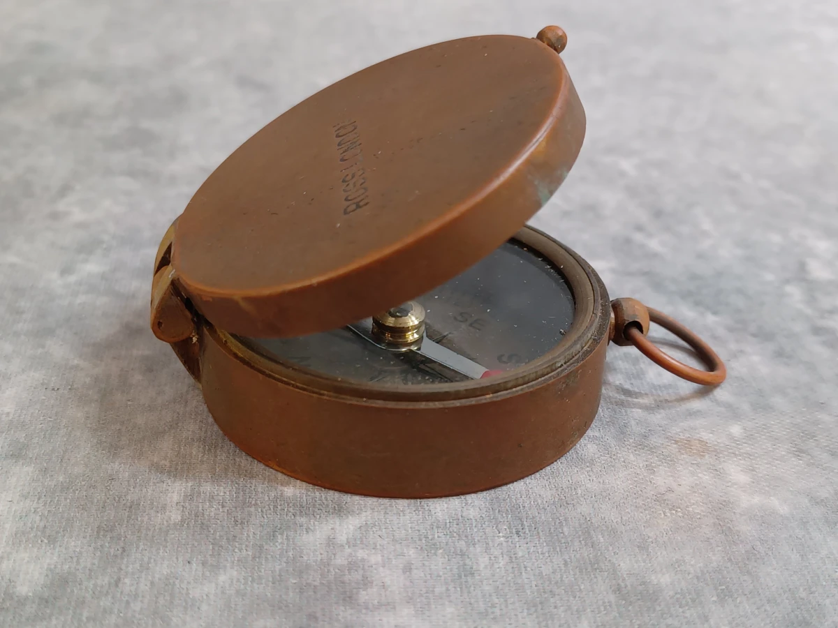Vintage koperen zakkompas "Ross London" met houten kistje - foto 8