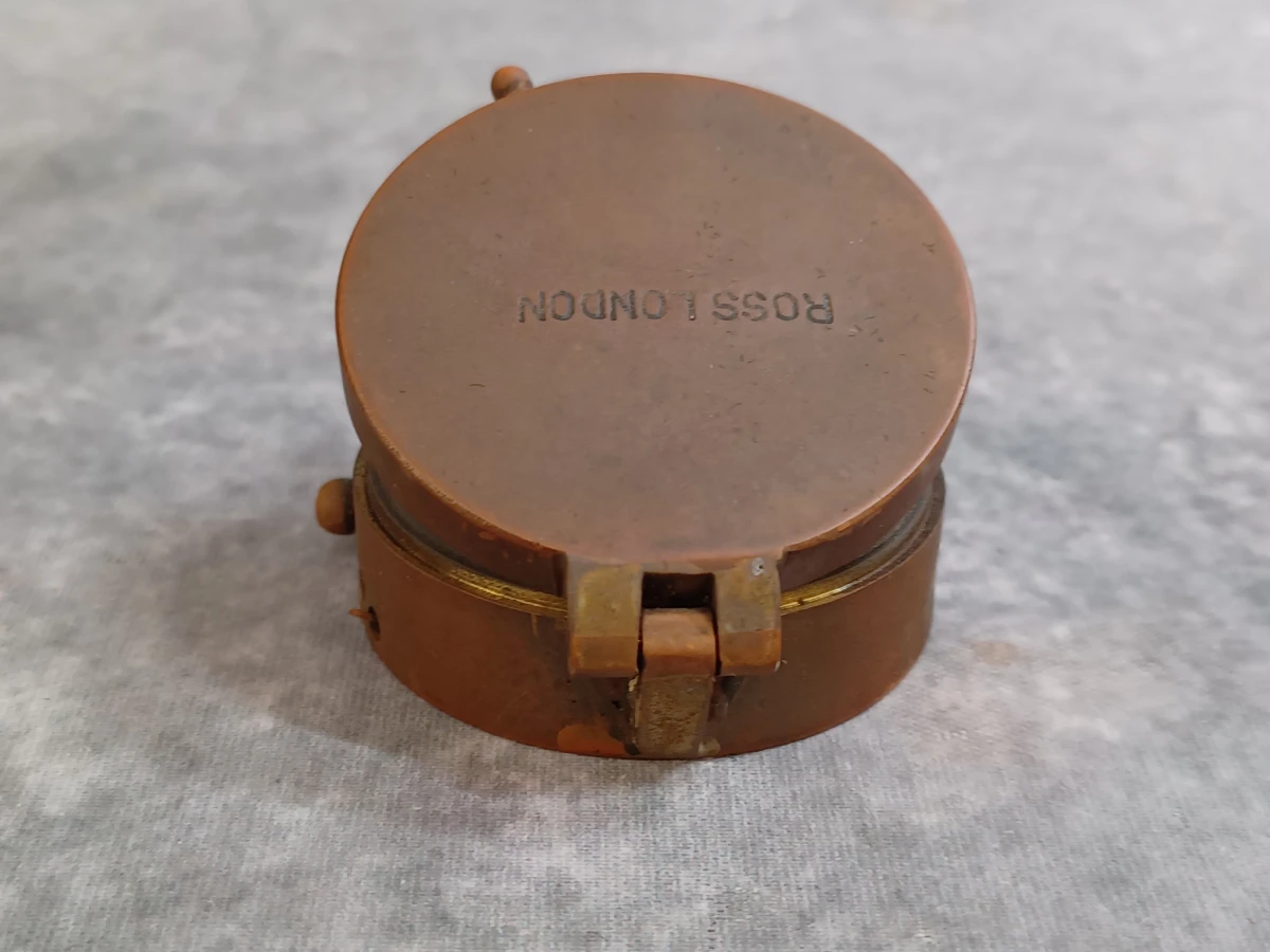 Vintage koperen zakkompas "Ross London" met houten kistje - foto 7