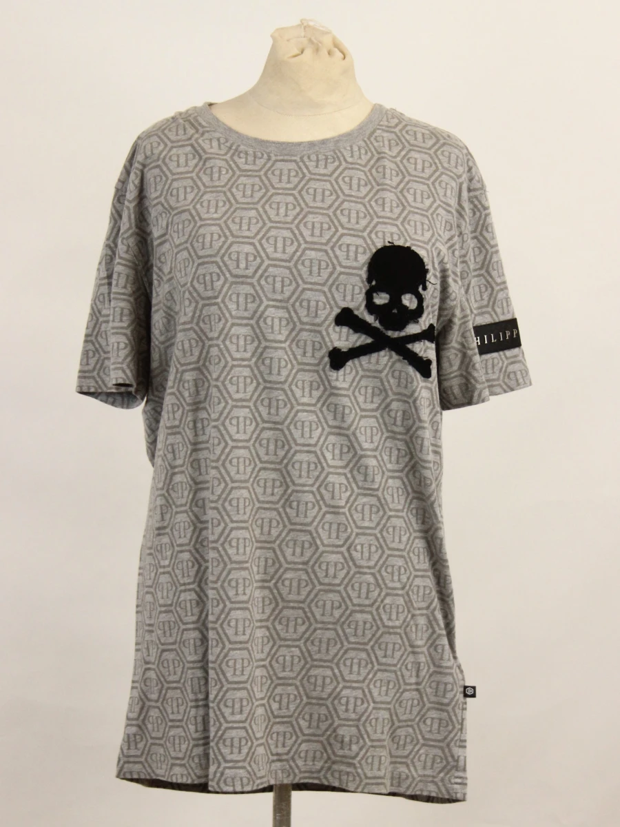 Philipp Plein Homme - grijs monogram T-shirt met skull & strass - foto 3