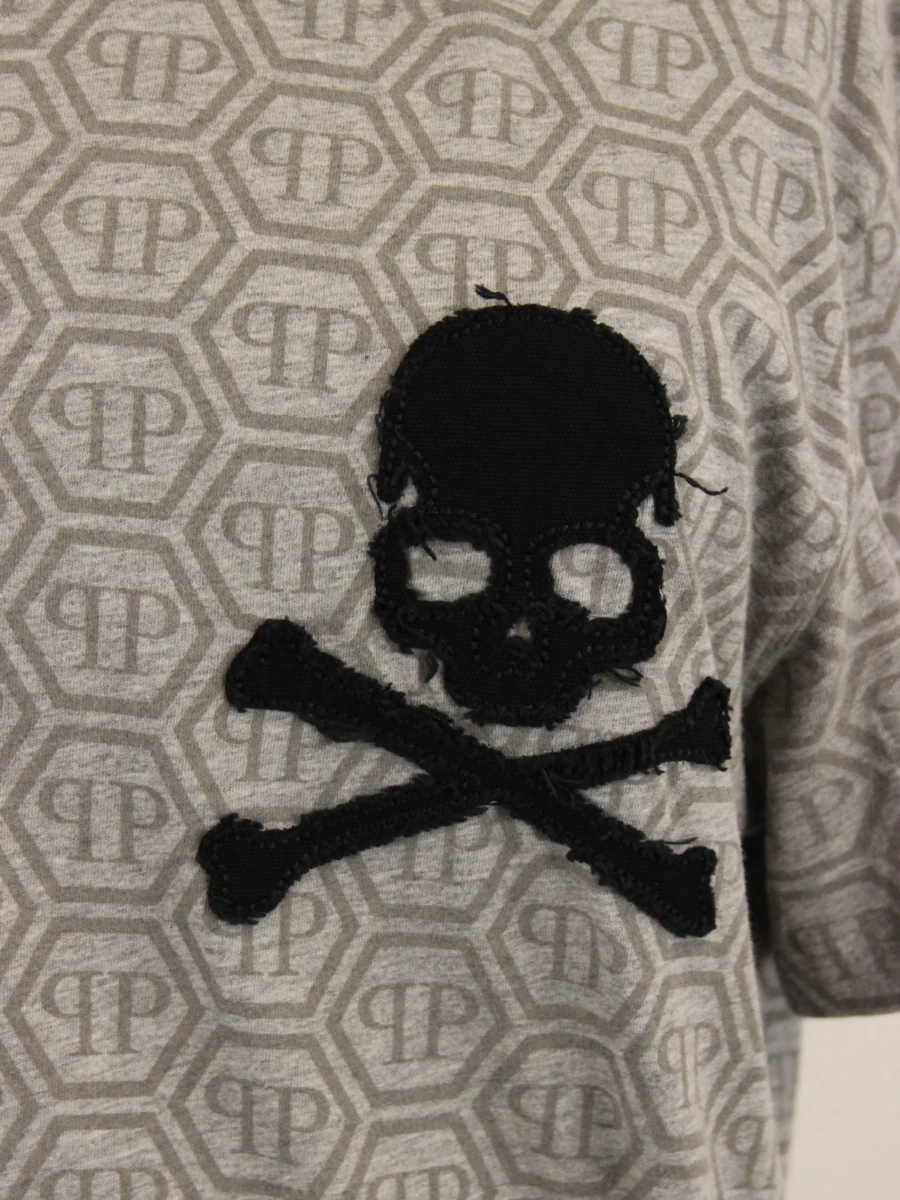 Philipp Plein Homme - grijs monogram T-shirt met skull & strass - foto 4