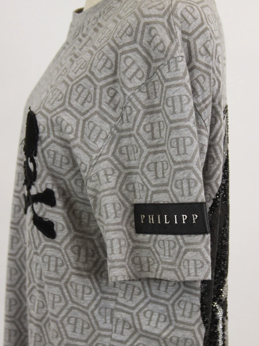 Philipp Plein Homme - grijs monogram T-shirt met skull & strass - foto 6