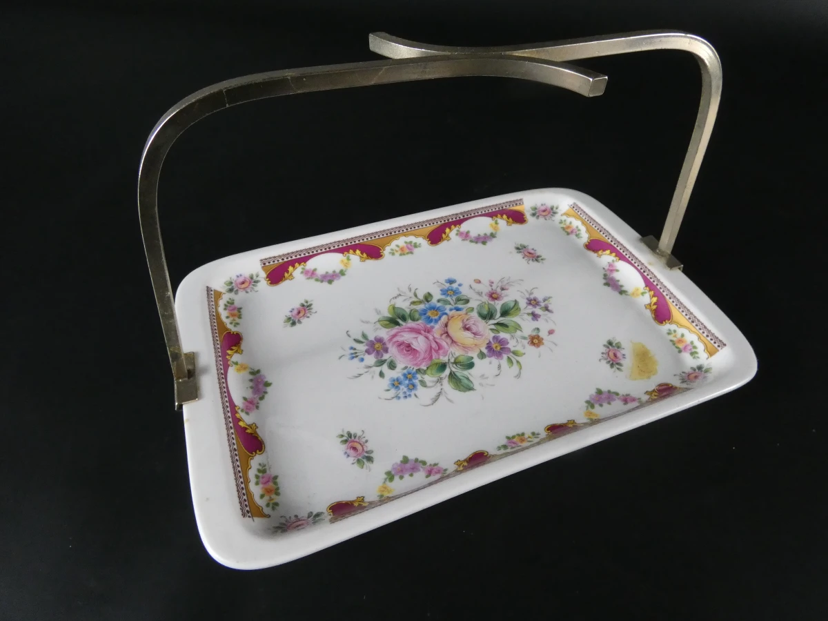 Luxe Mid-Century Driedelige Limoges Porseleinen Serveerset met Messing Monturen - foto 2