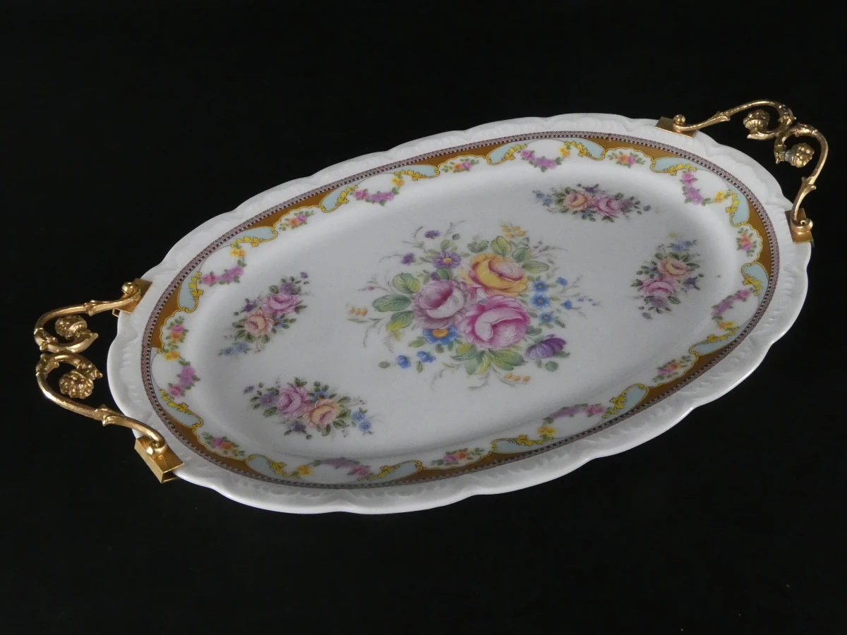 Luxe Mid-Century Driedelige Limoges Porseleinen Serveerset met Messing Monturen - foto 10