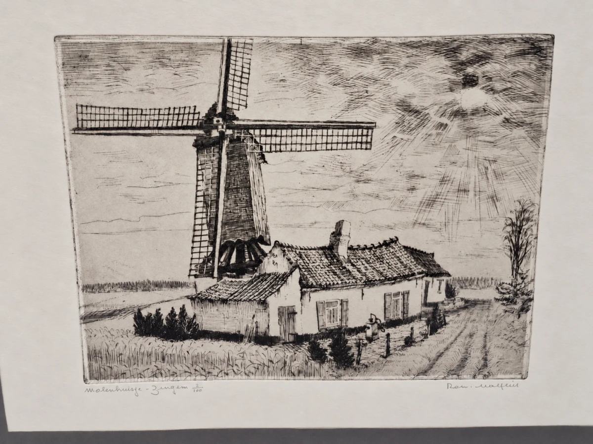 Gesigneerde ets 8/100 - “Molenhuisje – Zingem” - Romain Malfliet - foto 1