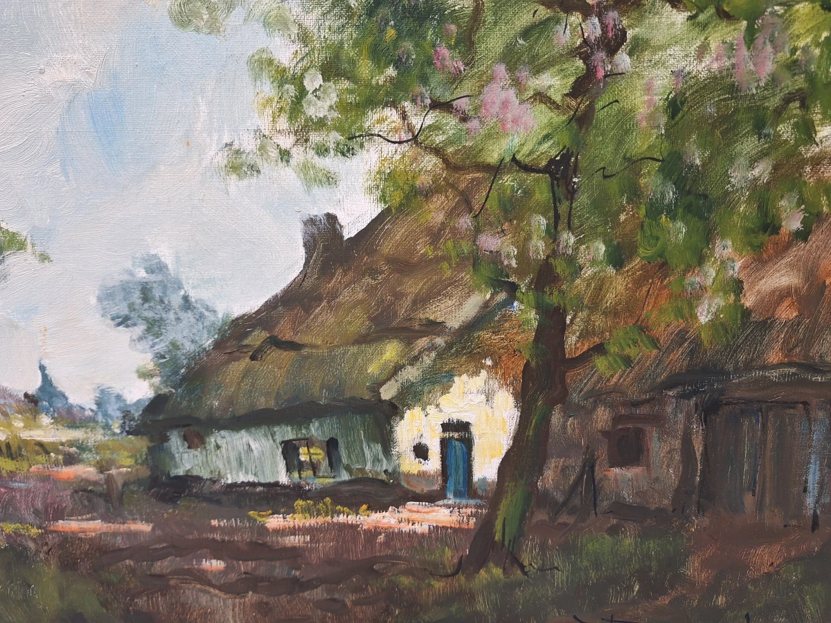 Olieverfschilderij op doek - Boerderij met bloesemboom - Henri Joseph Pauwels - foto 3