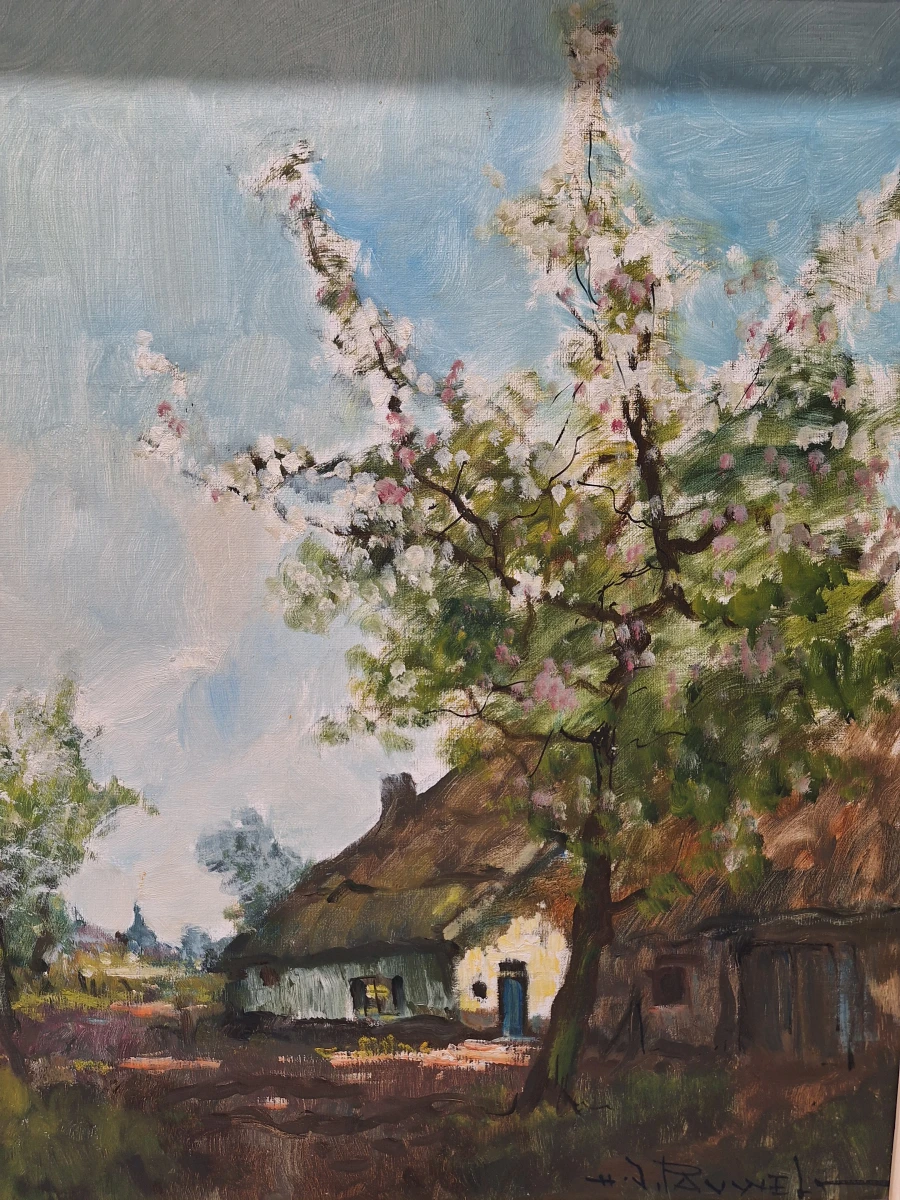 Olieverfschilderij op doek - Boerderij met bloesemboom - Henri Joseph Pauwels - foto 2