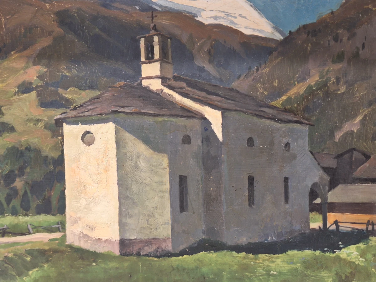 Olieverfschilderij van een berglandschap met kapel - Eugène Delécluse (1882-1972) - foto 2