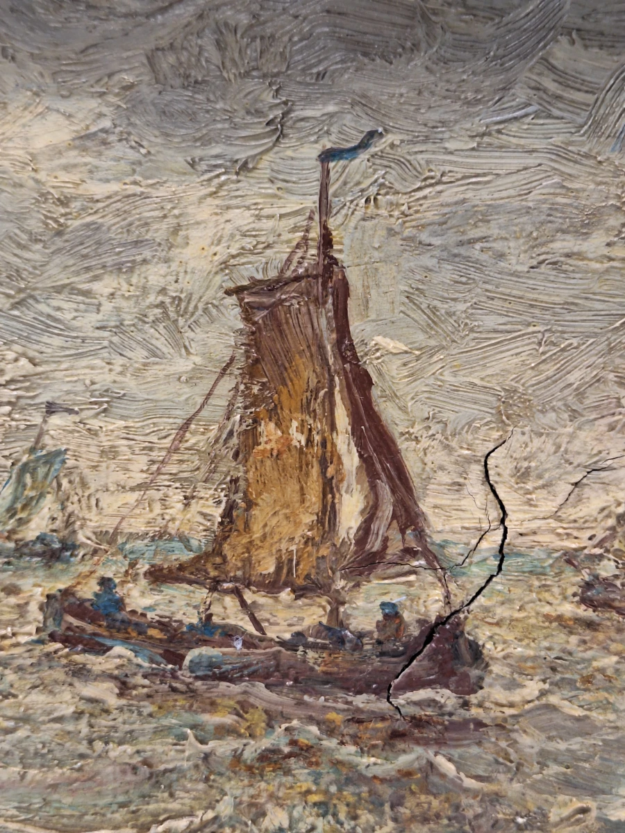 Olieverfschilderij van een dynamisch zeegezicht met bomschuiten - gesigneerd Jacob - foto 5