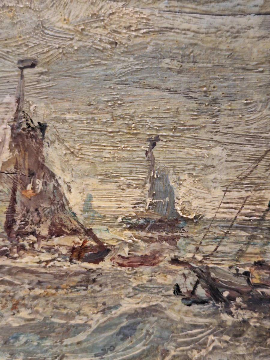 Olieverfschilderij van een dynamisch zeegezicht met bomschuiten - gesigneerd Jacob - foto 6