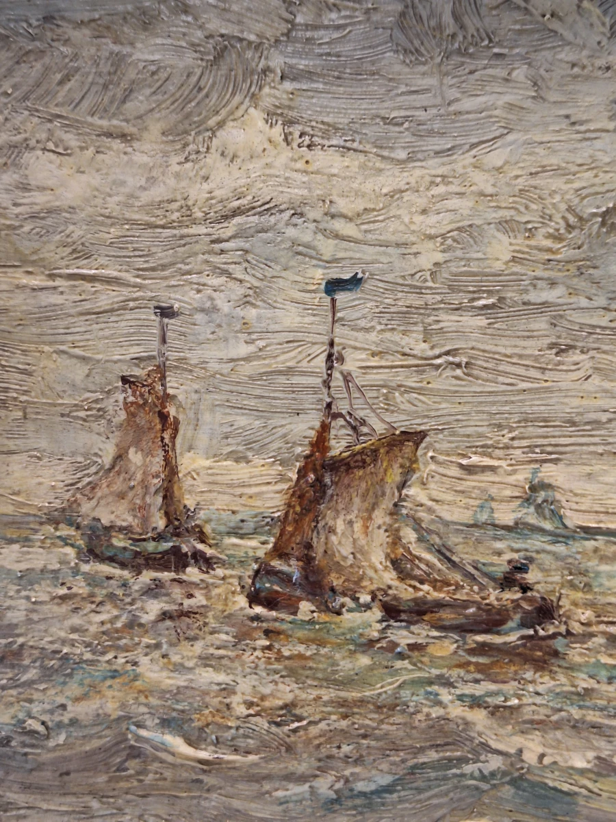 Olieverfschilderij van een dynamisch zeegezicht met bomschuiten - gesigneerd Jacob - foto 4