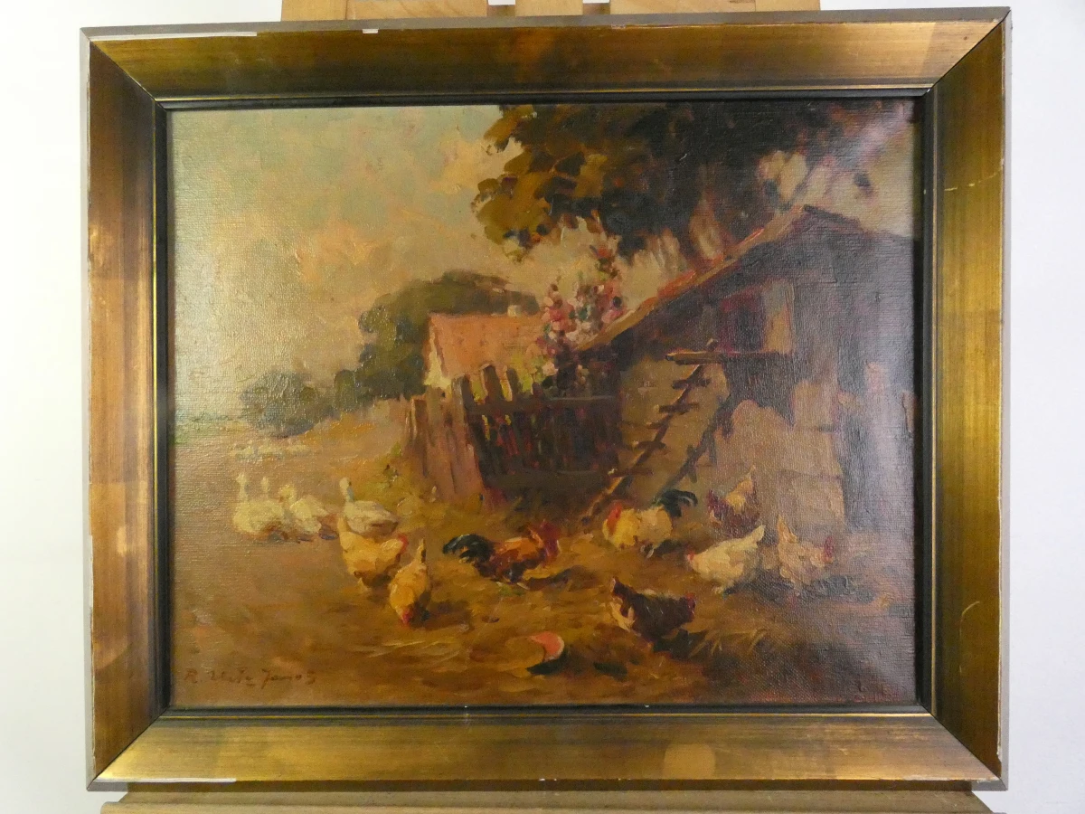 Olieverfschilderij Kippen op het Erf – János Rákosi Uitz (Vermoedelijk) - foto 2