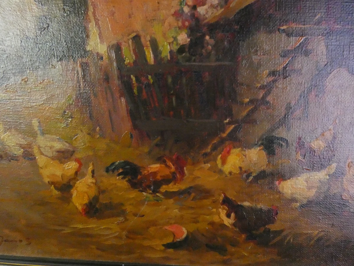 Olieverfschilderij Kippen op het Erf – János Rákosi Uitz (Vermoedelijk) - foto 5