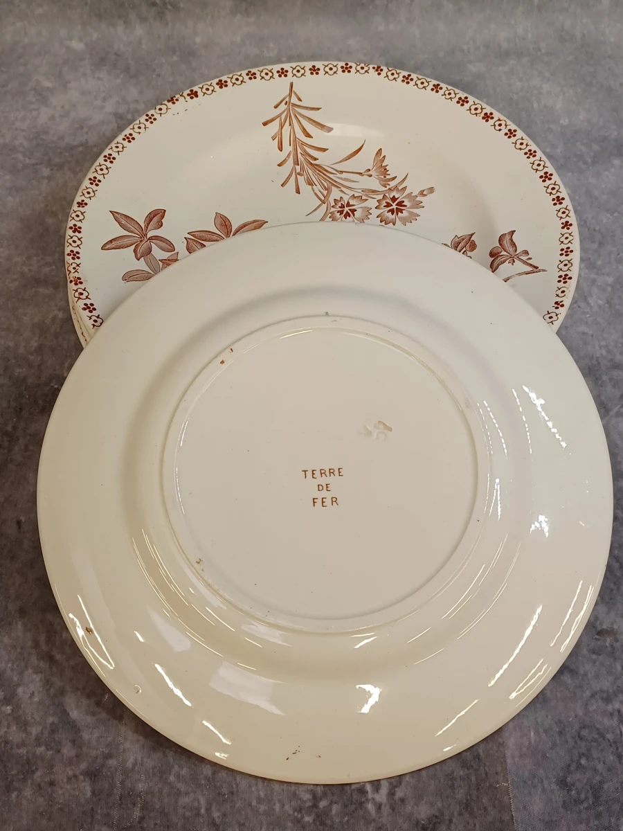 11 delig antiek Sarreguemines “Royat” servies met sepiabruin bloemendecor - foto 7