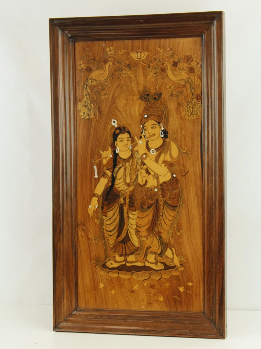 Radha & Krishna Ingelegd Indisch Houten Wandpaneel - foto 2