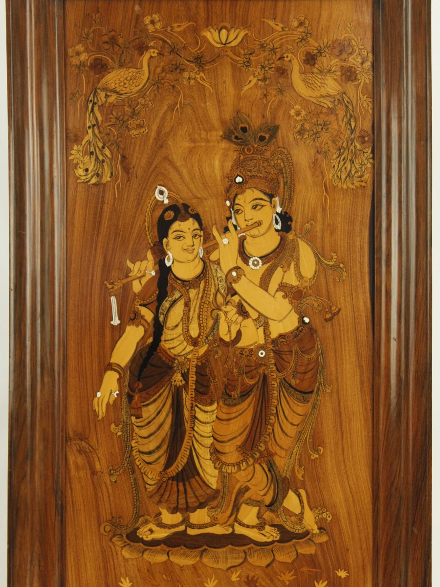 Radha & Krishna Ingelegd Indisch Houten Wandpaneel - foto 3