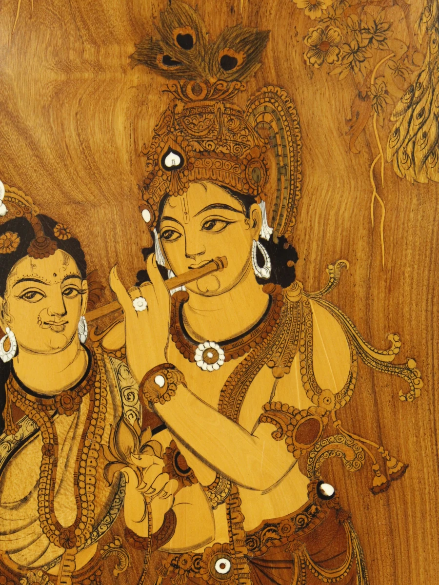 Radha & Krishna Ingelegd Indisch Houten Wandpaneel - foto 7