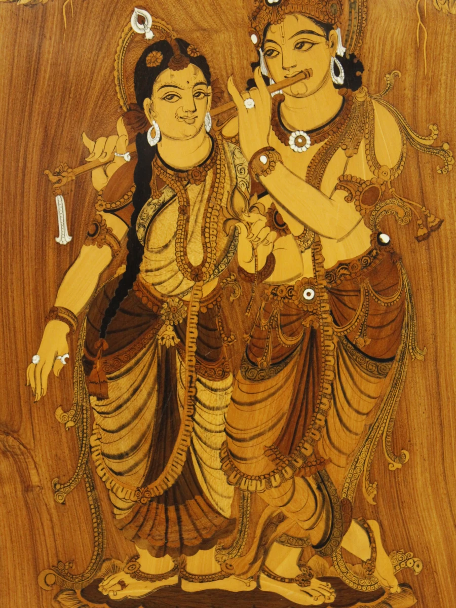 Radha & Krishna Ingelegd Indisch Houten Wandpaneel - foto 8