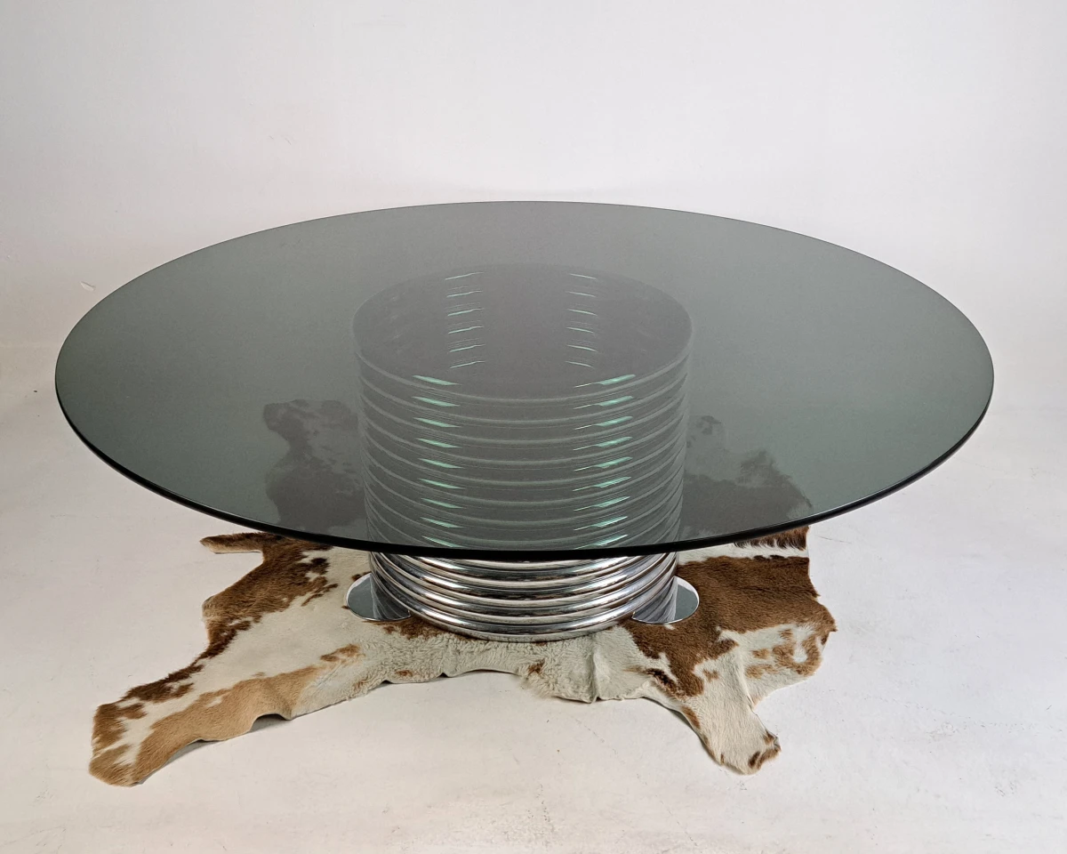 Ronde glazen tafel met chromen metalen voet - foto 3