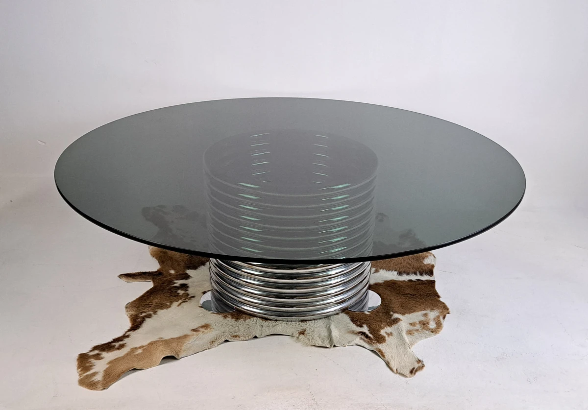 Ronde glazen tafel met chromen metalen voet - foto 4