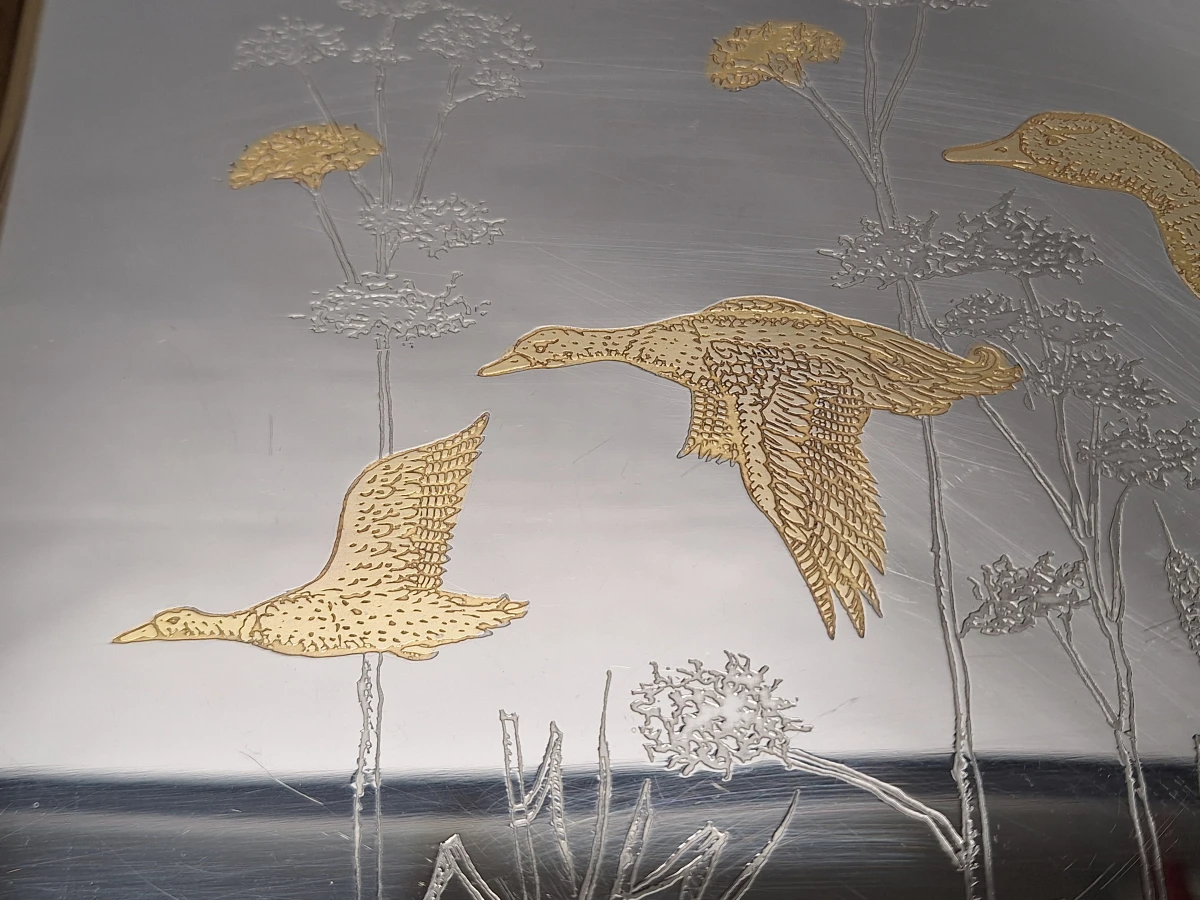 Elegant Gioiel dienblad met vliegende eenden, Inox 18/10 en 24-karaats gouden details - foto 8
