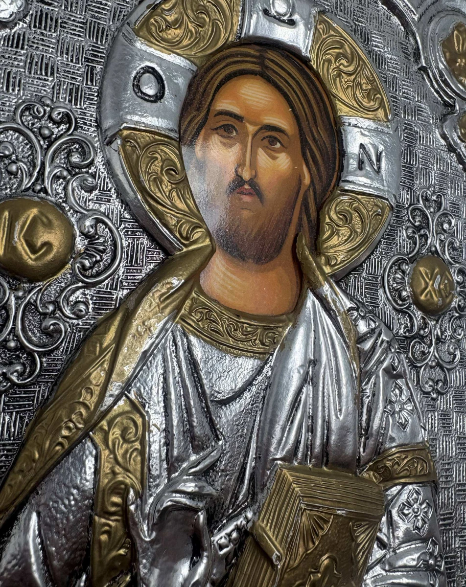Set van Twee Byzantijnse Iconen – Griekse Zilveren Riza (950) op Houten Paneel - foto 9