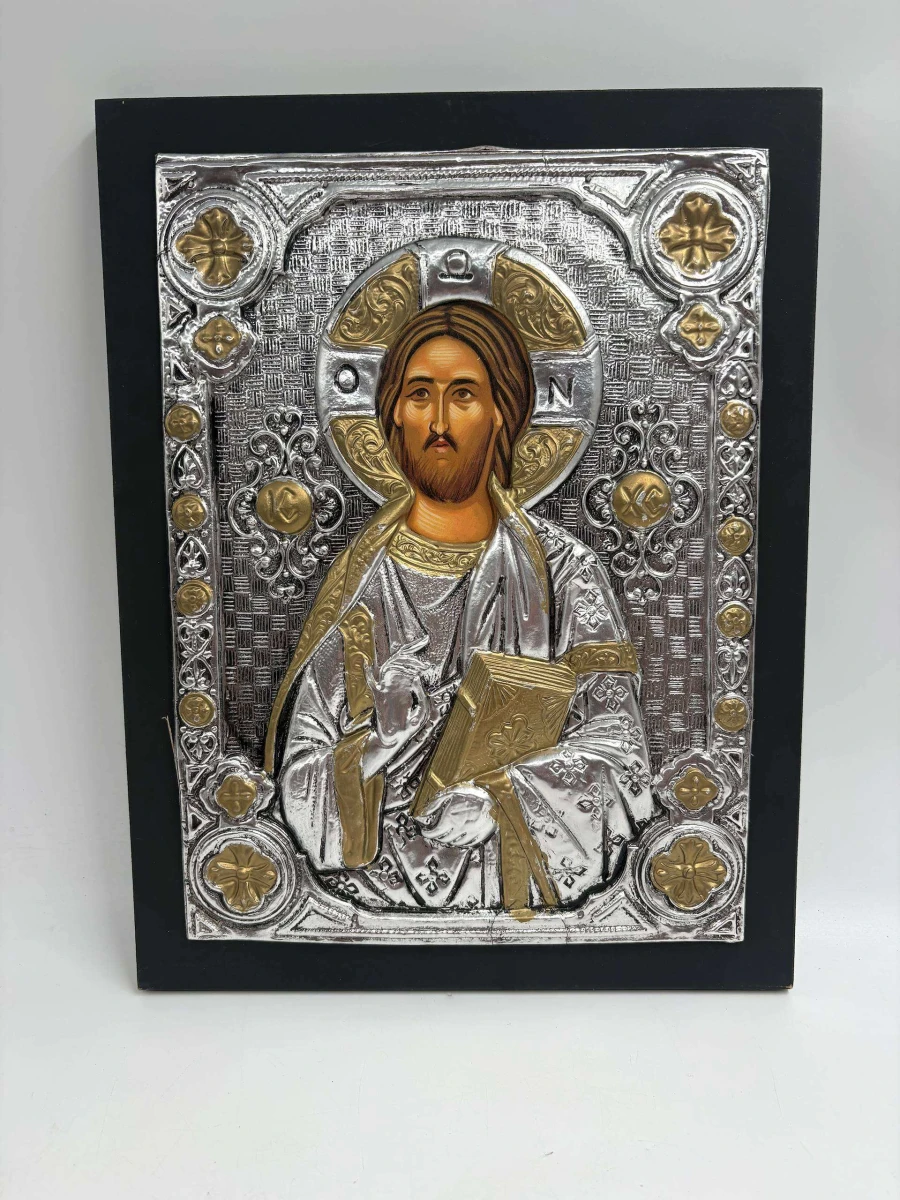 Set van Twee Byzantijnse Iconen – Griekse Zilveren Riza (950) op Houten Paneel - foto 2