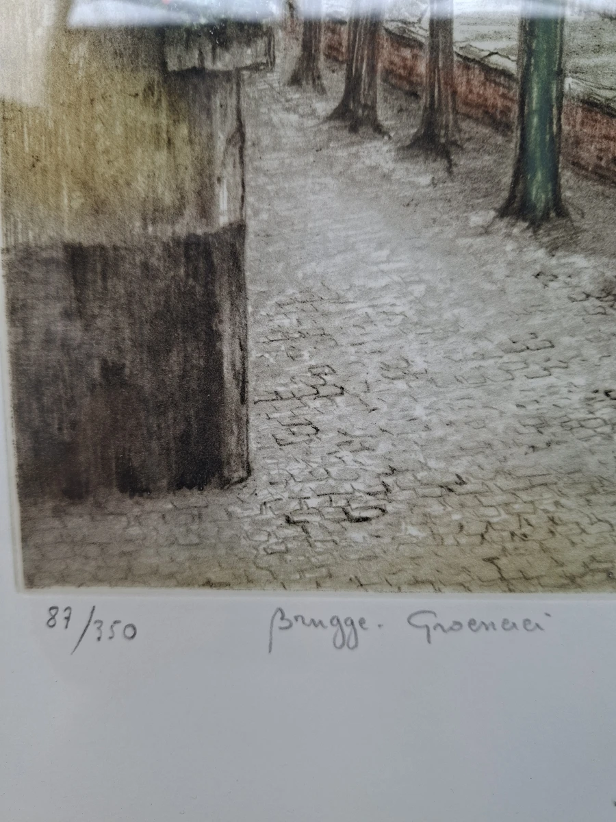 Prachtige, handgekleurde originele ets "Brugge - Groenerei" door F. Hebbelinck - foto 3