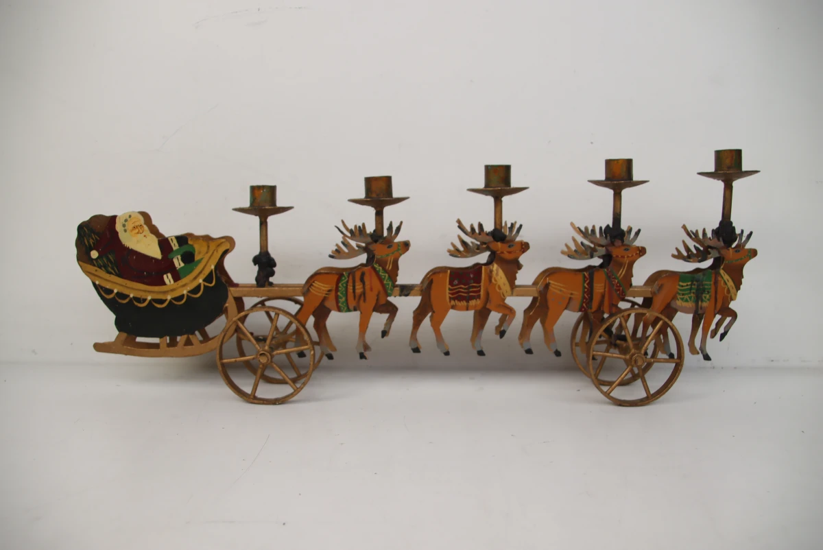 Zware Vintage Metalen Kerstkandelaar - Kerstman in Arrenslee met Rendieren - foto 4