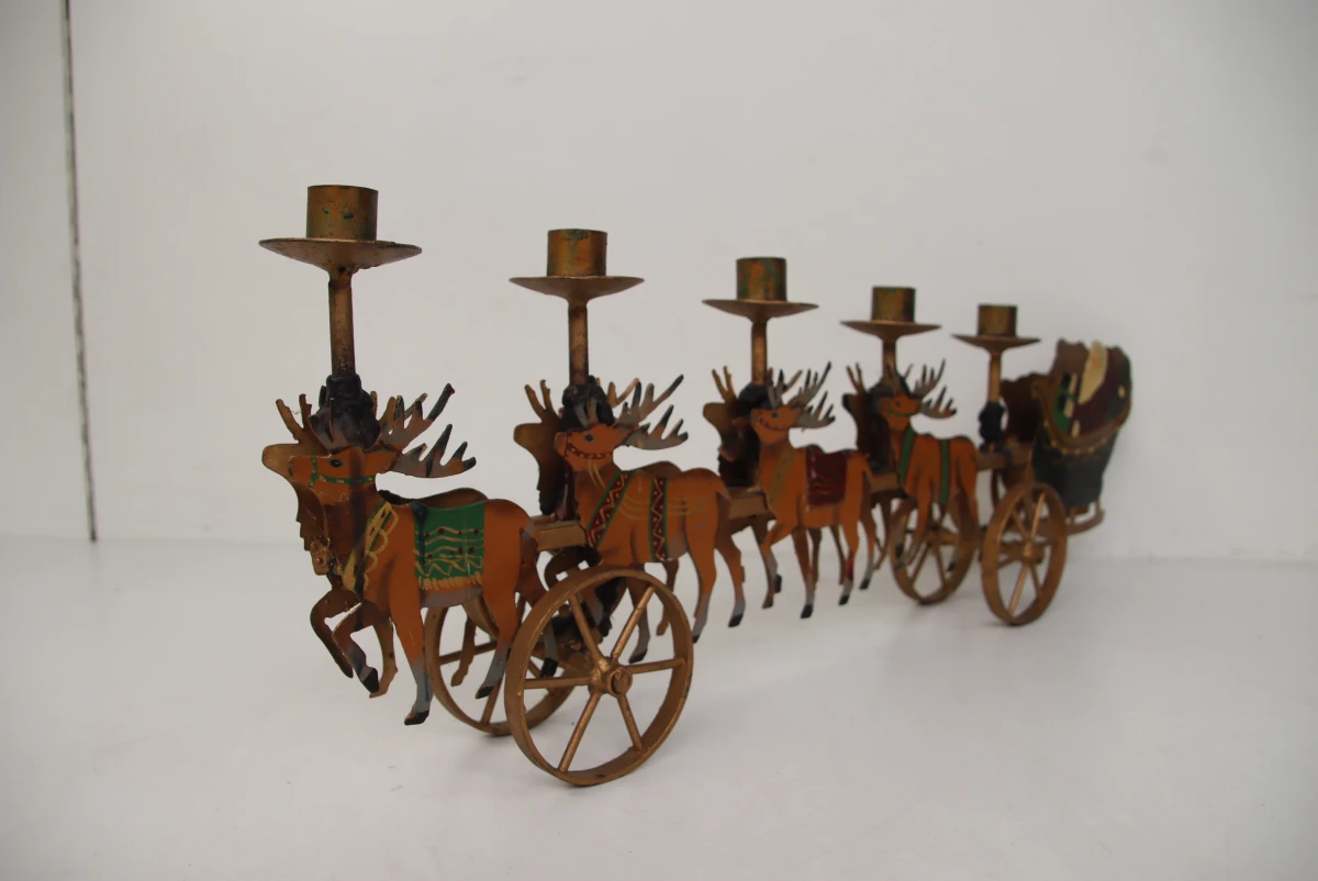 Zware Vintage Metalen Kerstkandelaar - Kerstman in Arrenslee met Rendieren - foto 2