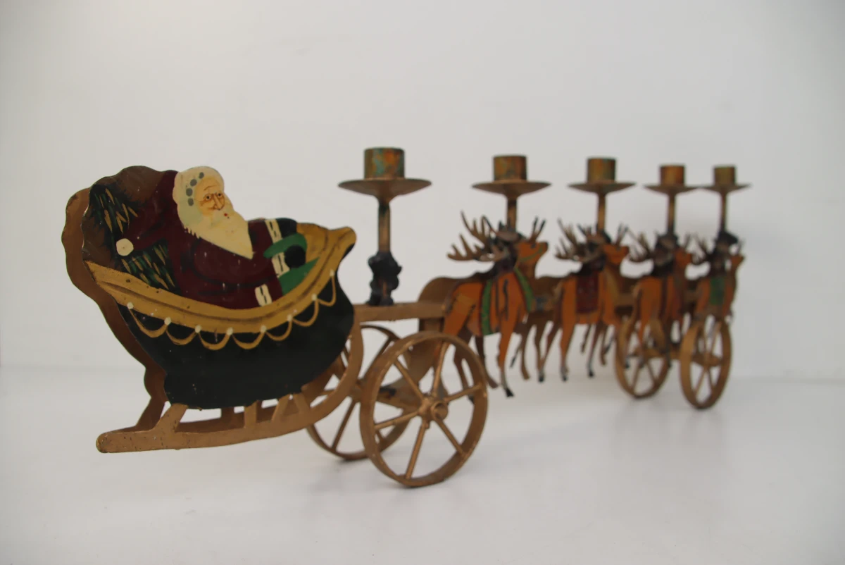 Zware Vintage Metalen Kerstkandelaar - Kerstman in Arrenslee met Rendieren - foto 5