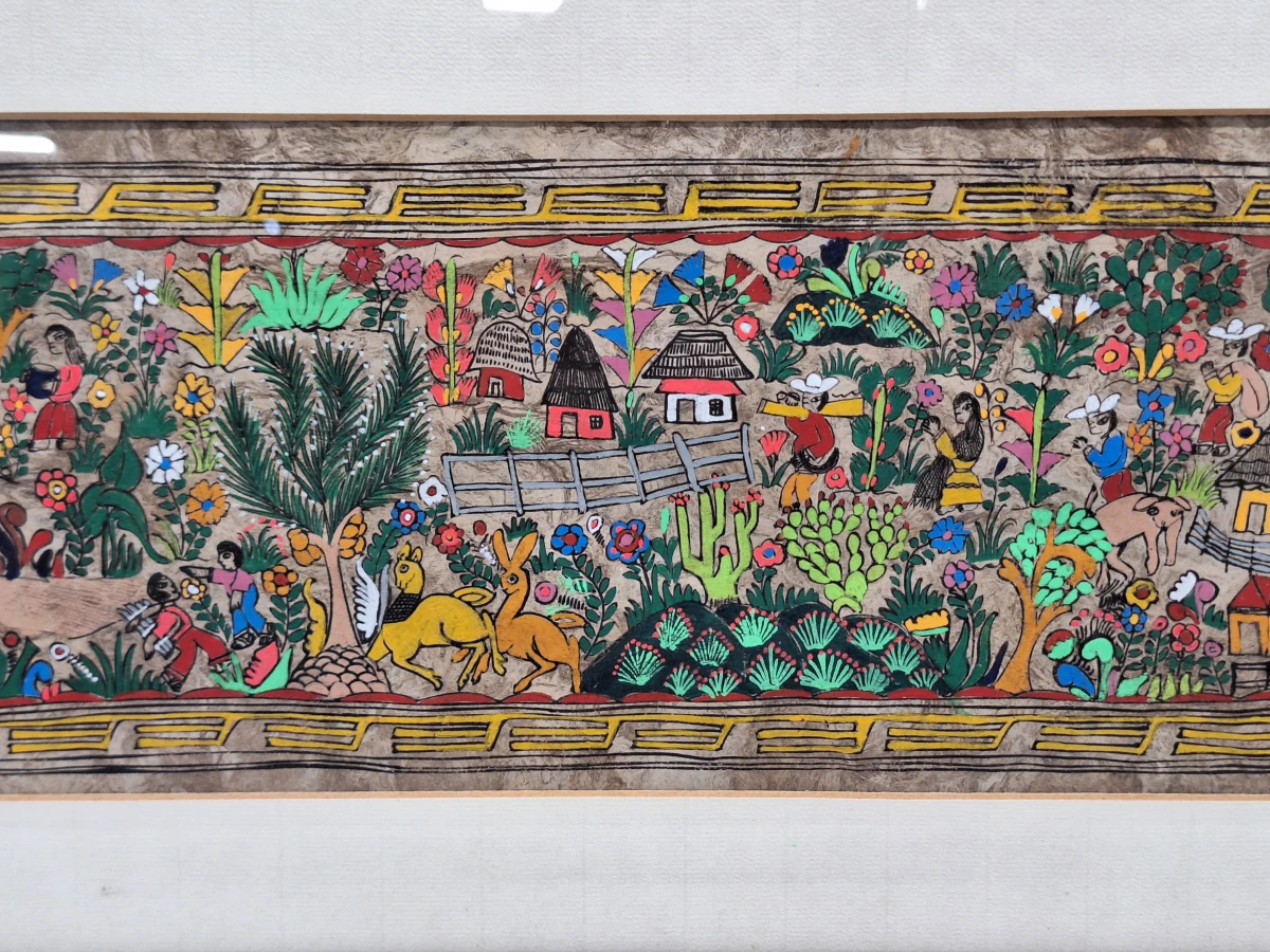 Mexicaans volkskunst schilderij op amatepapier - panoramisch dorps- en oogsttafereel - foto 4