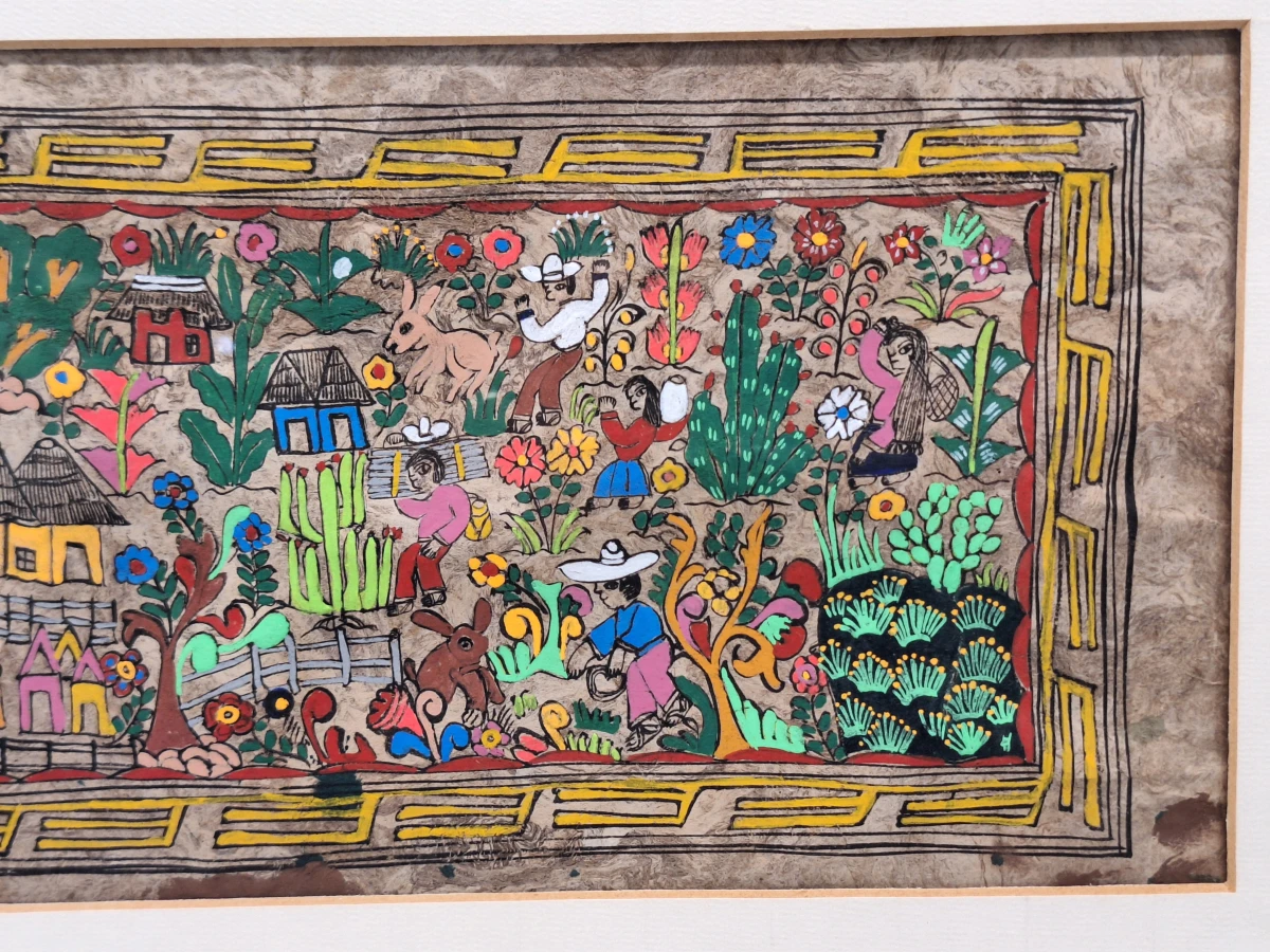 Mexicaans volkskunst schilderij op amatepapier - panoramisch dorps- en oogsttafereel - foto 9