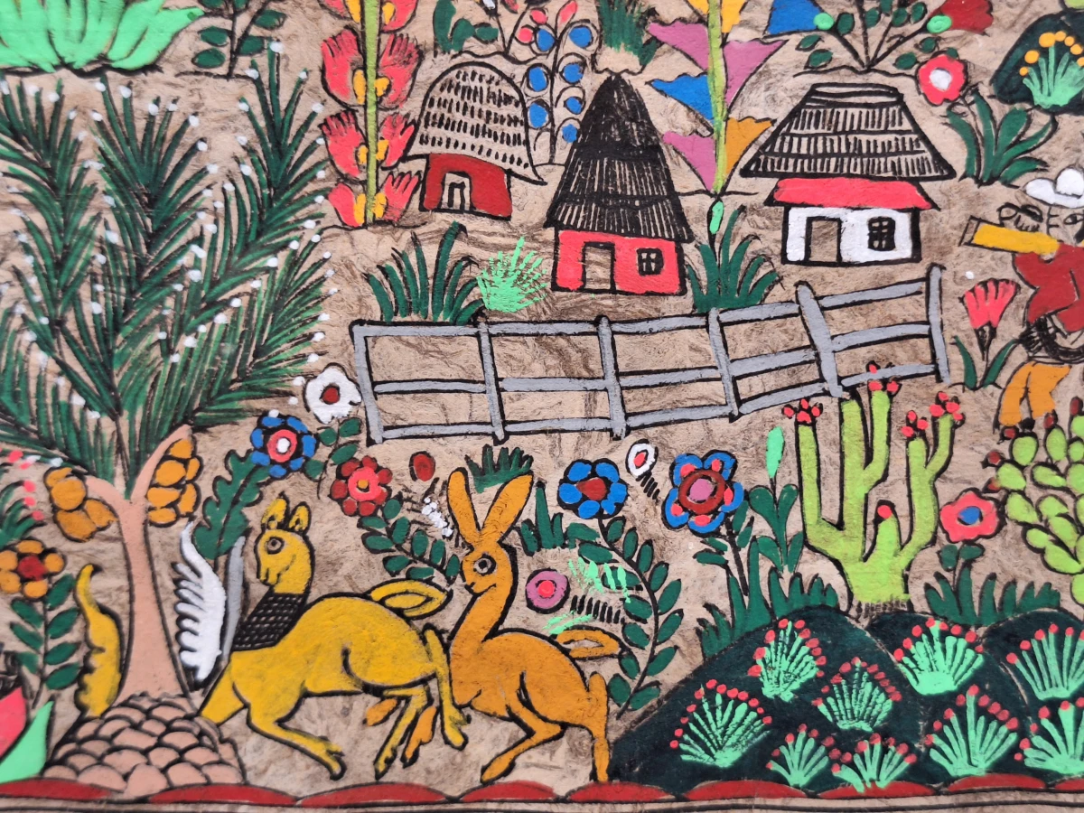 Mexicaans volkskunst schilderij op amatepapier - panoramisch dorps- en oogsttafereel - foto 5
