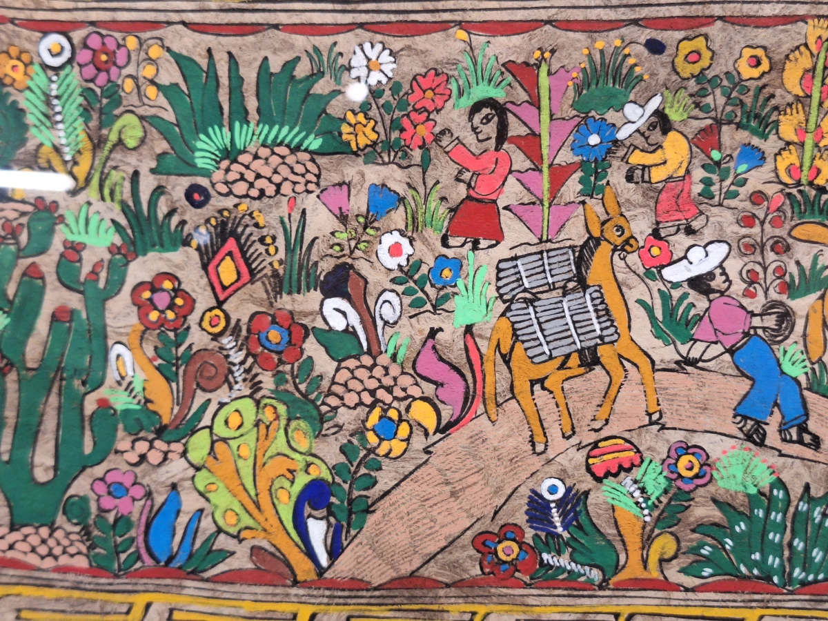 Mexicaans volkskunst schilderij op amatepapier - panoramisch dorps- en oogsttafereel - foto 7